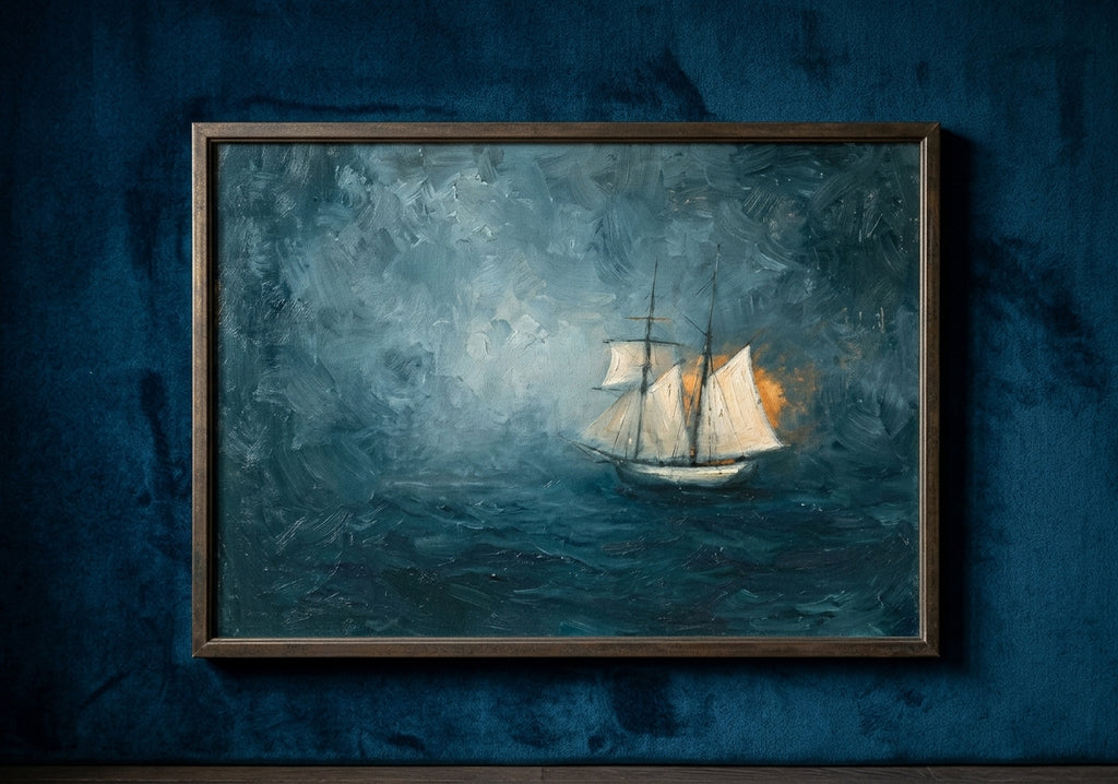 Abstract Blue Sea Coastal Sailboat Painting