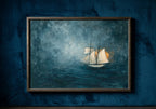 Abstract Blue Sea Coastal Sailboat Painting