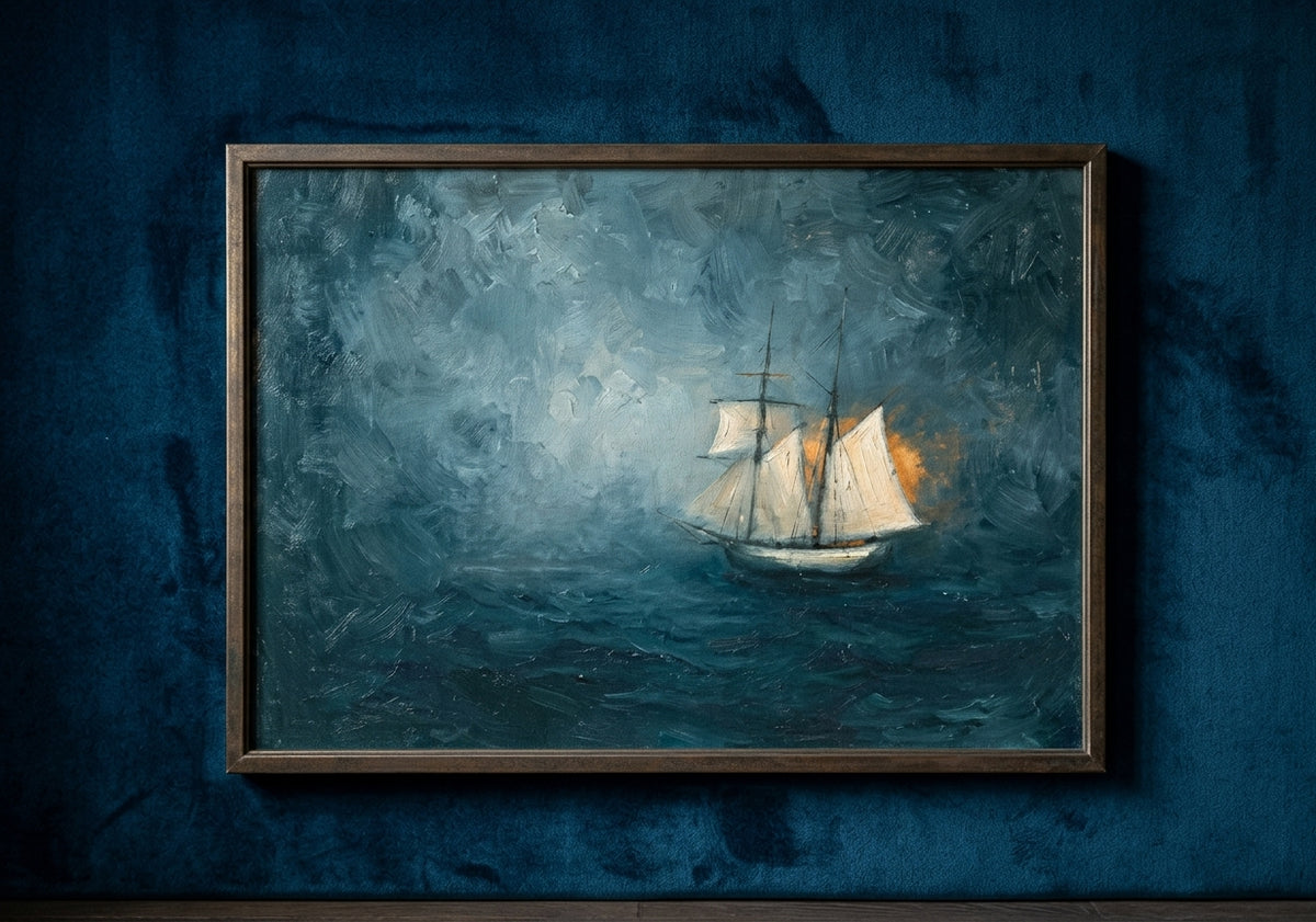 Abstract Blue Sea Coastal Sailboat Painting