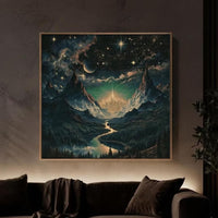Celestial Fantasy Squared Framed Canvas | Cosmic Gothic Dreamy Wall Art | Medieval Starry Night Dorm room decor. Perfect home decor wall hanging for game rooms, movie rooms, living rooms and apartments. Gallery wall and fantasy decor lovers gifts.