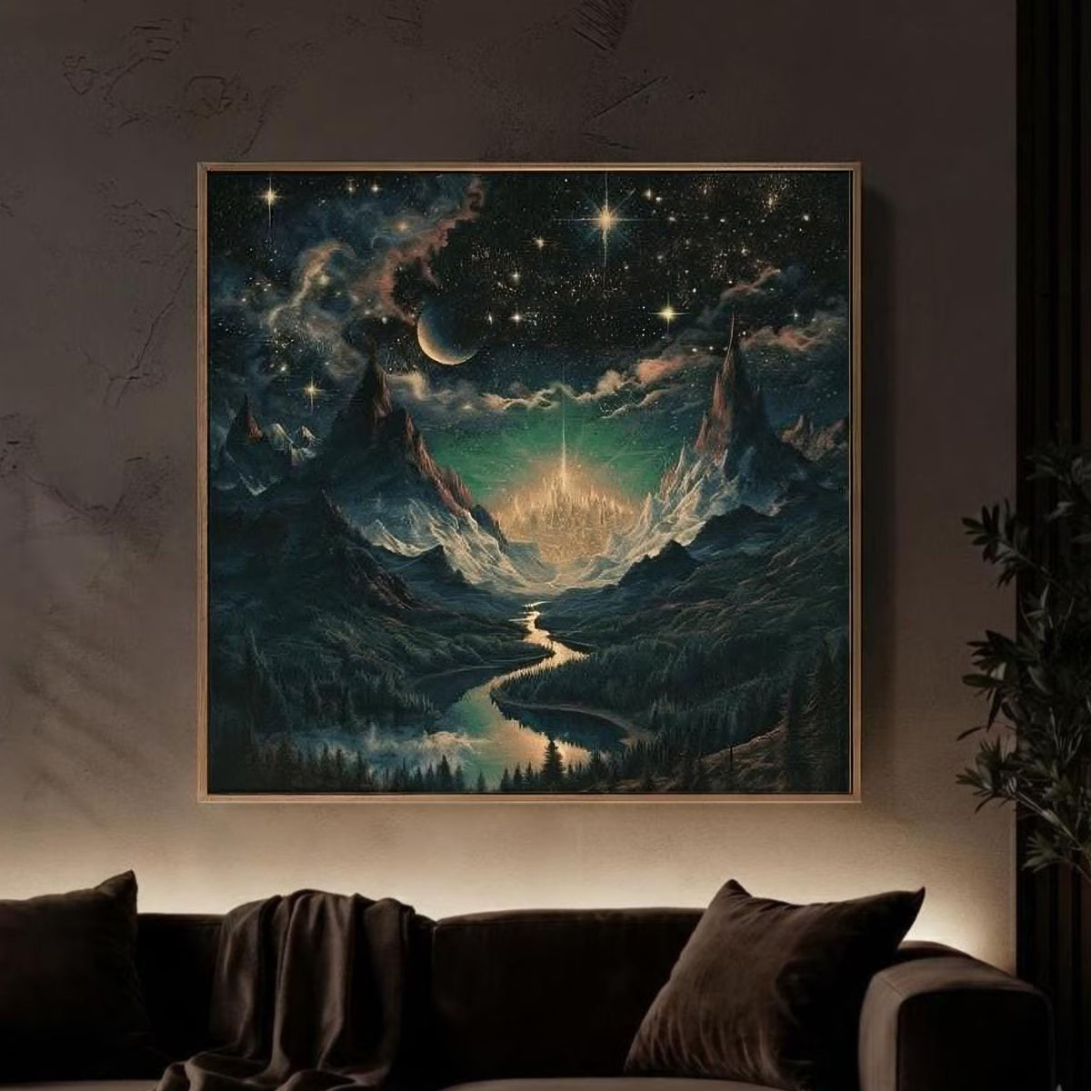 Celestial Fantasy Squared Framed Canvas | Cosmic Gothic Dreamy Wall Art | Medieval Starry Night Dorm room decor. Perfect home decor wall hanging for game rooms, movie rooms, living rooms and apartments. Gallery wall and fantasy decor lovers gifts.